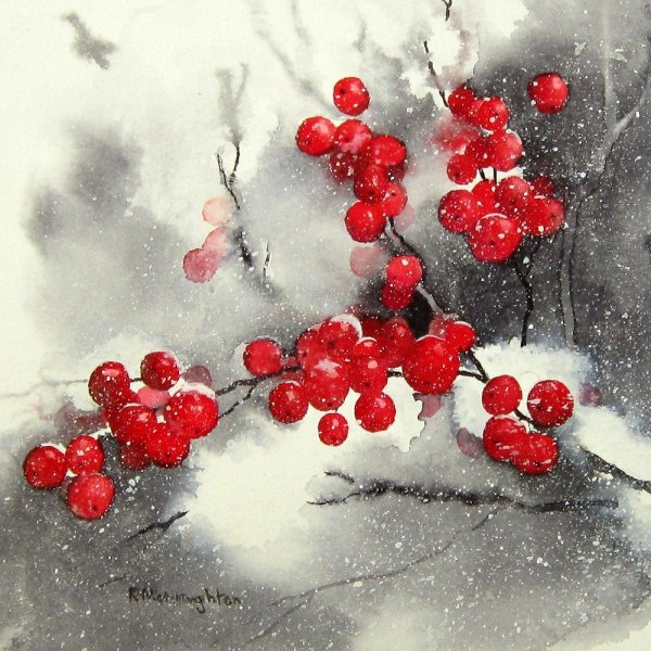 Зимняя рябина акварель