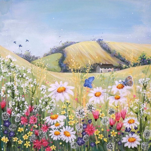 Луг с цветами акварелью