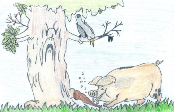 Иллюстрация к басне Крылова свинья под дубом