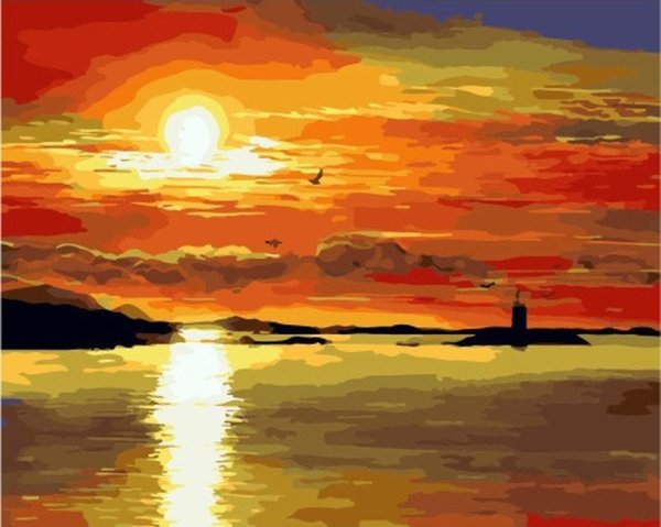 Закат с пальмами красками