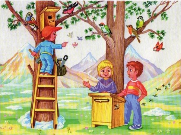 Дети вешают скворечник