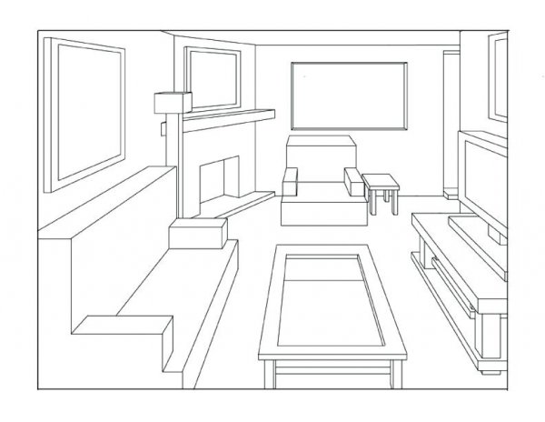 Рисование комнаты в перспективе с мебелью