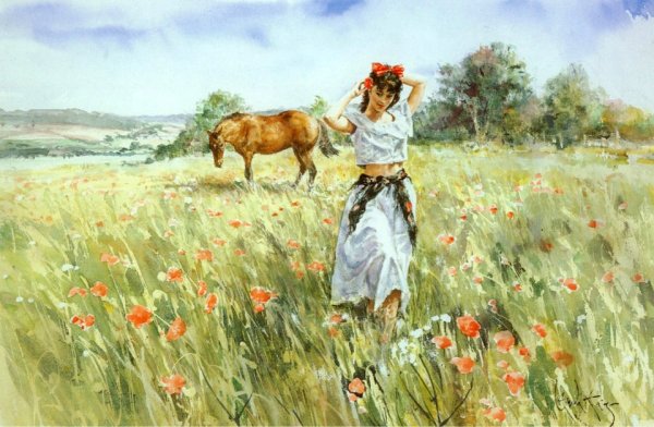 Живопись девушка в поле