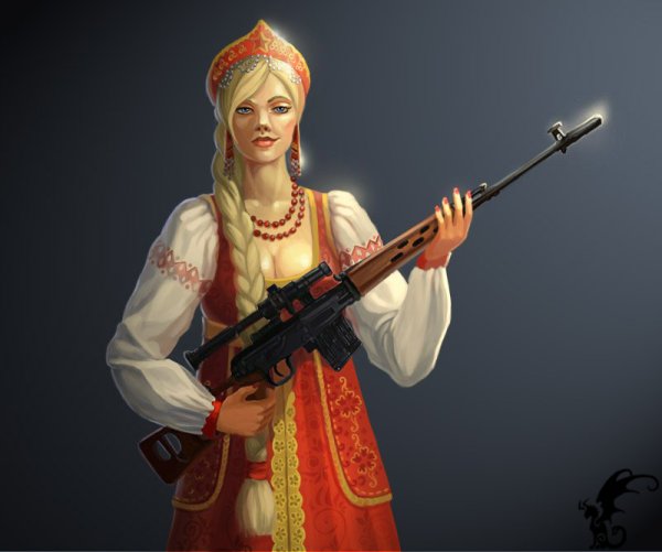 Девушка в кокошнике с автоматом Калашникова