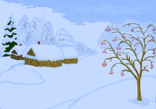 Рисунок на тему зимняя деревня