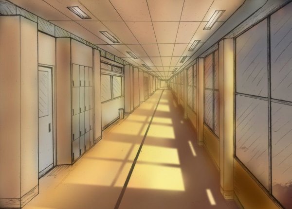 Коридор школы аниме сбоку