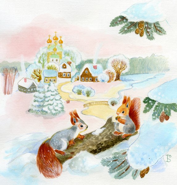 Белка зимой живопись