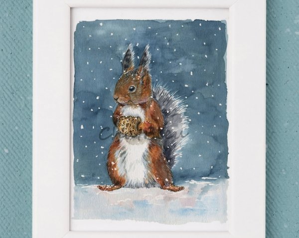 Белочка зимой акварель