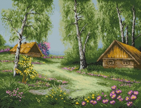 Пейзаж деревенский дом с березками