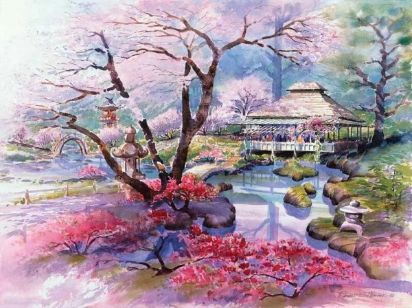 Японский пейзаж акварелью
