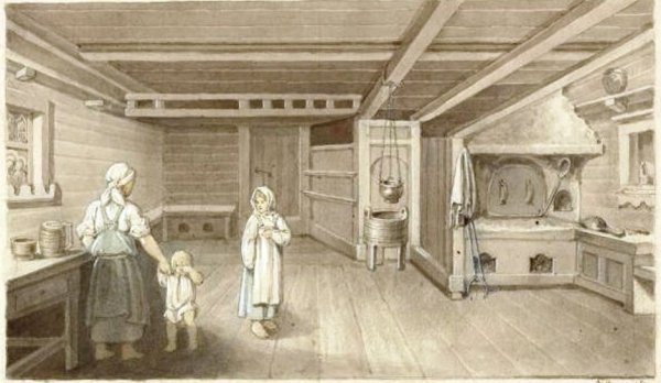 Русская изба с людьми