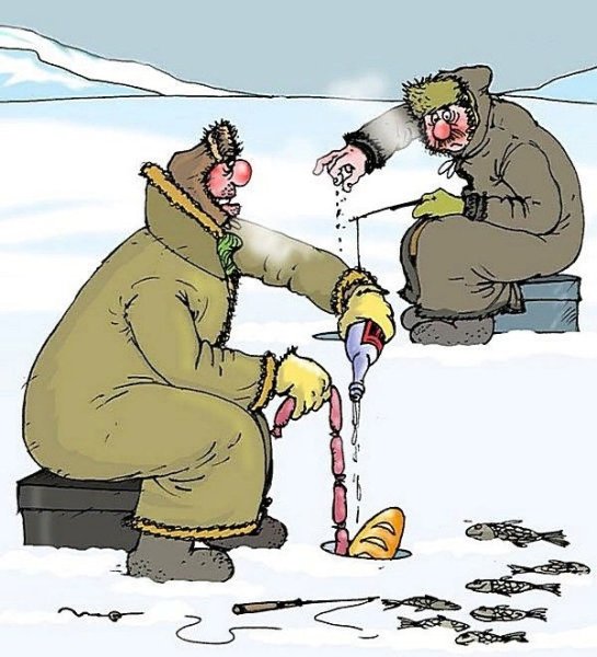 Карикатура рыбака с удочкой