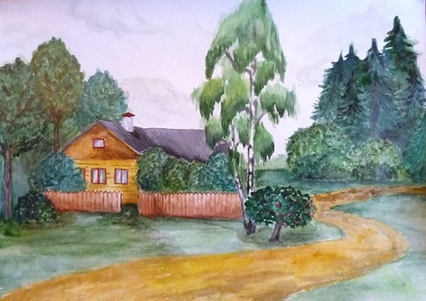 Сельский пейзаж гуашью