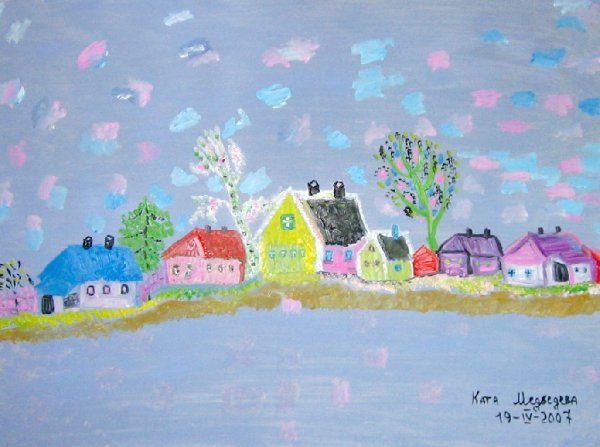 Деревенский пейзаж цветными карандашами