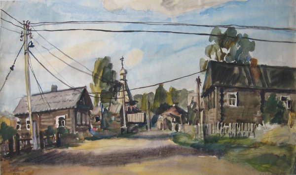 Этюд сельской улицы акварелью
