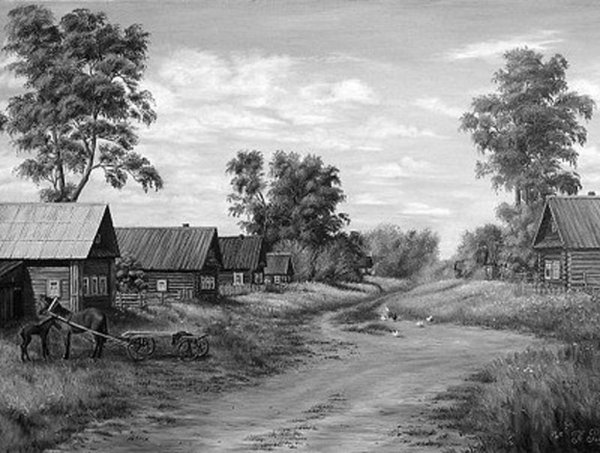 Черно-белый деревенский пейзаж
