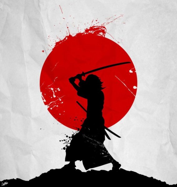 Самурай на фоне красного солнца