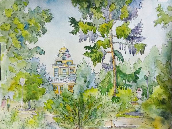 Деревенский пейзаж гуашью