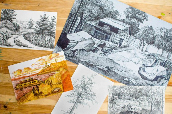 Пленер Этюд акварелью деревня