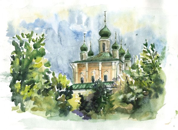 Пленер Этюд акварелью деревня