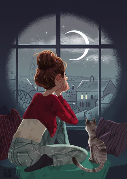 Девушка с котом у окна