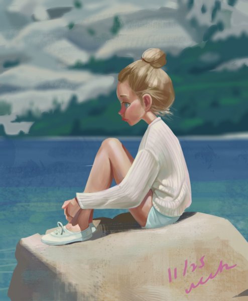 Нарисованная девушка сидя