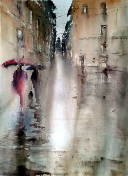 Дождливый город акварелью