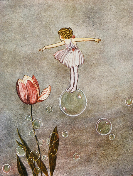 Девочка пускает мыльные пузыри акварель