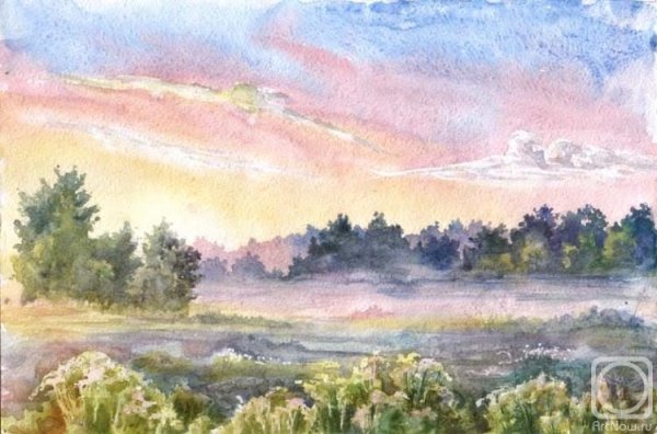Утренний пейзаж акварелью