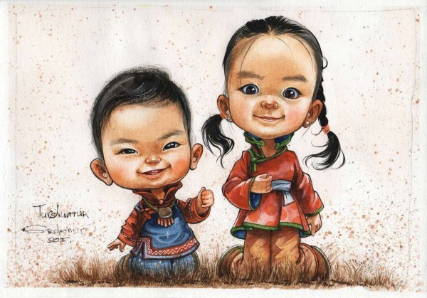 Монгольские дети нарисованные