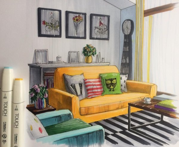 Интерьер цветными карандашами