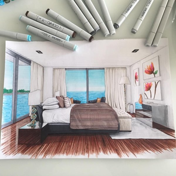 Интерьер спальни скетч