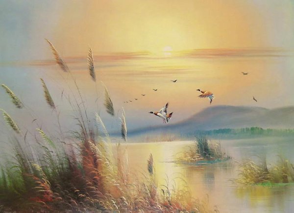 Утренний пейзаж акварелью