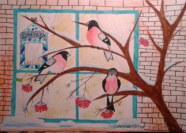 Рисование птицы на кормушке