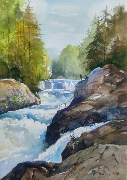 Водопад Кивач акварель