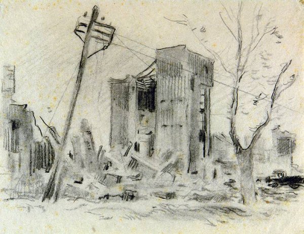 В.Н. Сигорский. «Разрушенный дом». Бумага, уголь.