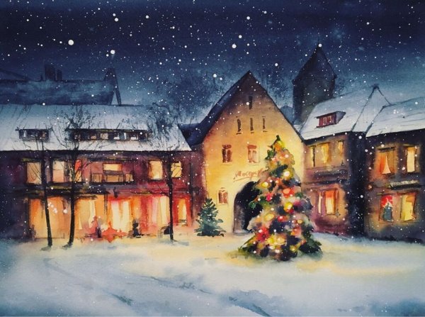 Новогодний пейзаж акварелью