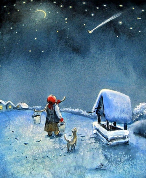 Зимняя ночь акварель