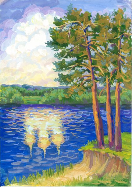 Нарисовать озеро красками