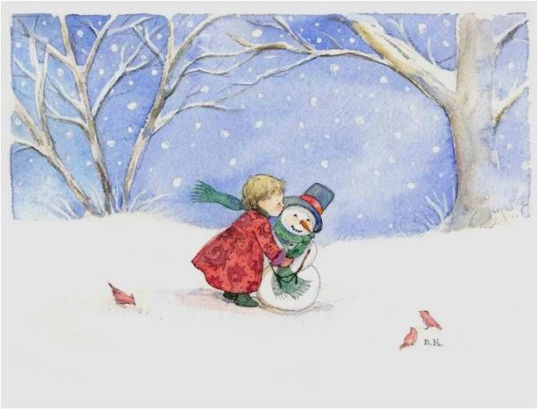 Дети снег акварель