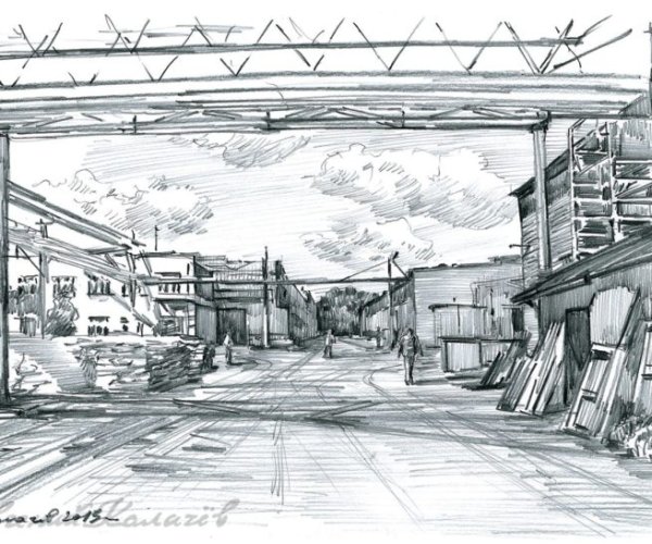 Индустриальный пейзаж карандашом