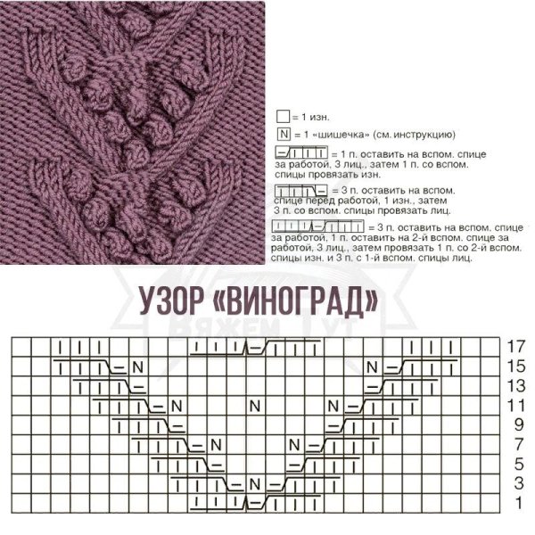 Узор спицами Виноградная лоза схема