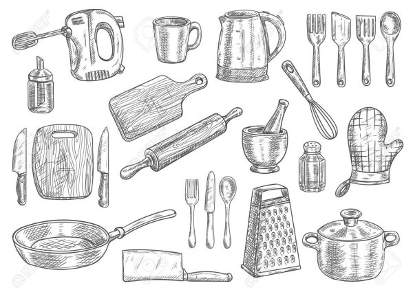 Кухонные приборы на белом фоне