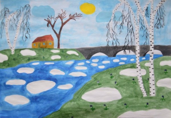 Весенний пейзаж гуашью для детей