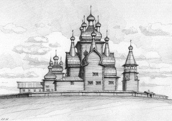 Деревенский пейзаж цветными карандашами