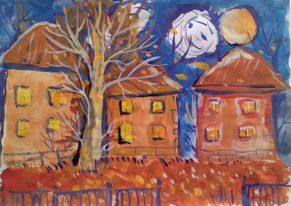 Нарисовать осенний двор