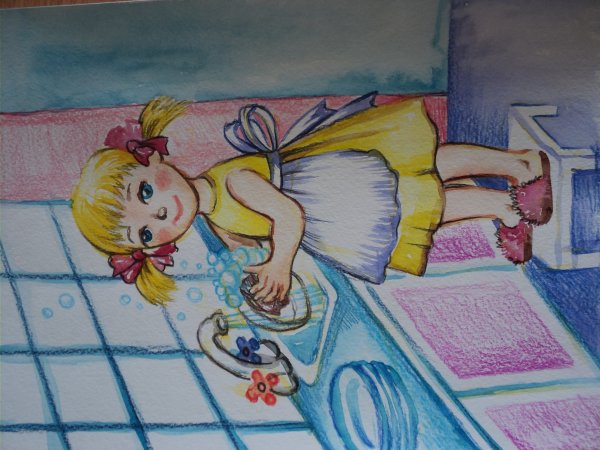 Детский рисунок мама готовит с дочкой