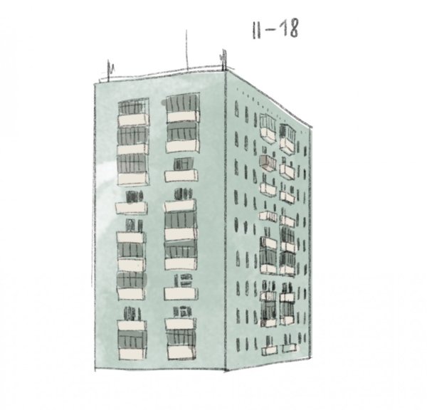 Девятиэтажный дом спереди и сбоку