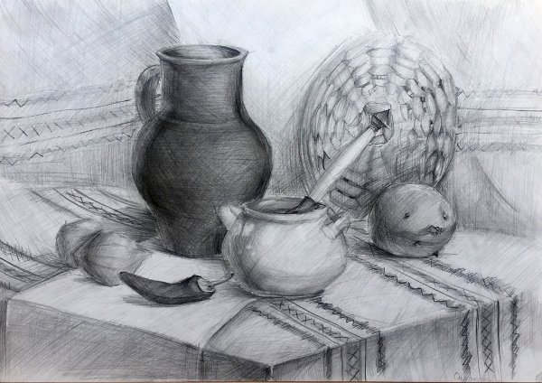 Карандашные рисунки Деревенские натюрморт со шляпой