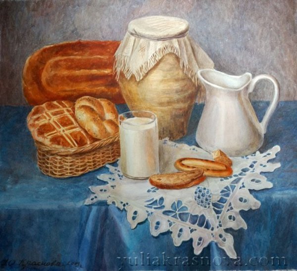 Акварельная живопись натюрморт с хлебом